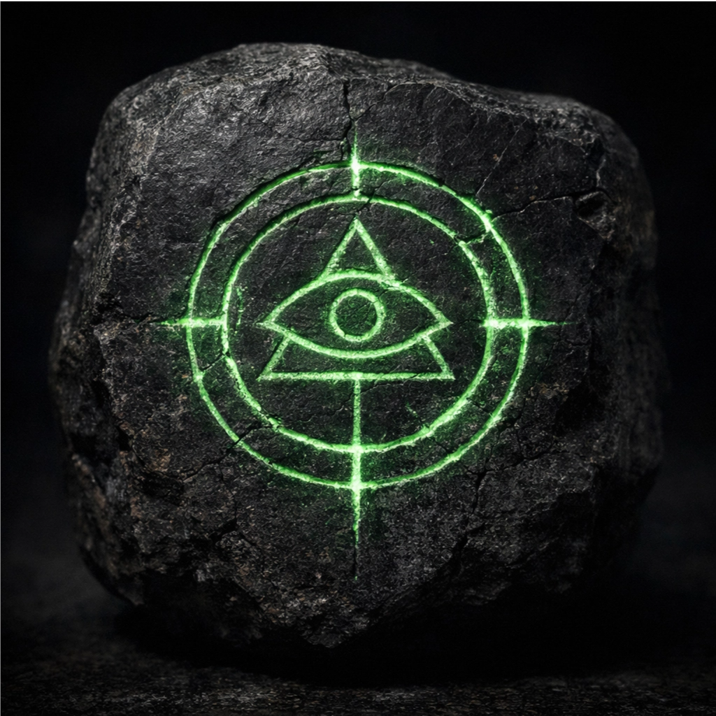 Fragmento #1 del Proyecto Quimera - Piedra negra con símbolo grabado