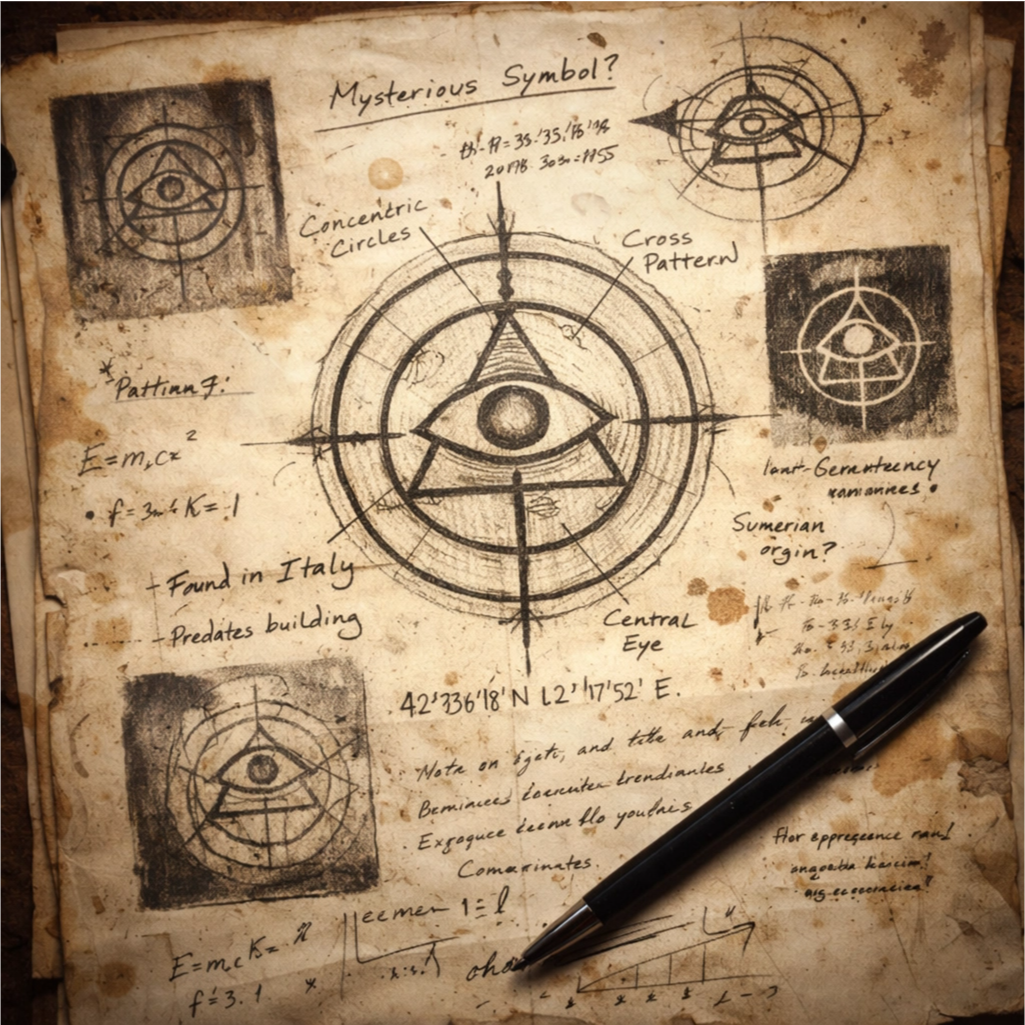 Página del cuaderno de investigación de Marcus Chen con bocetos del símbolo