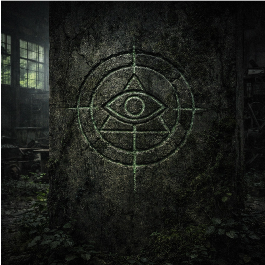 Símbolo del Proyecto Quimera tallado en la pared de la fábrica abandonada en Italia